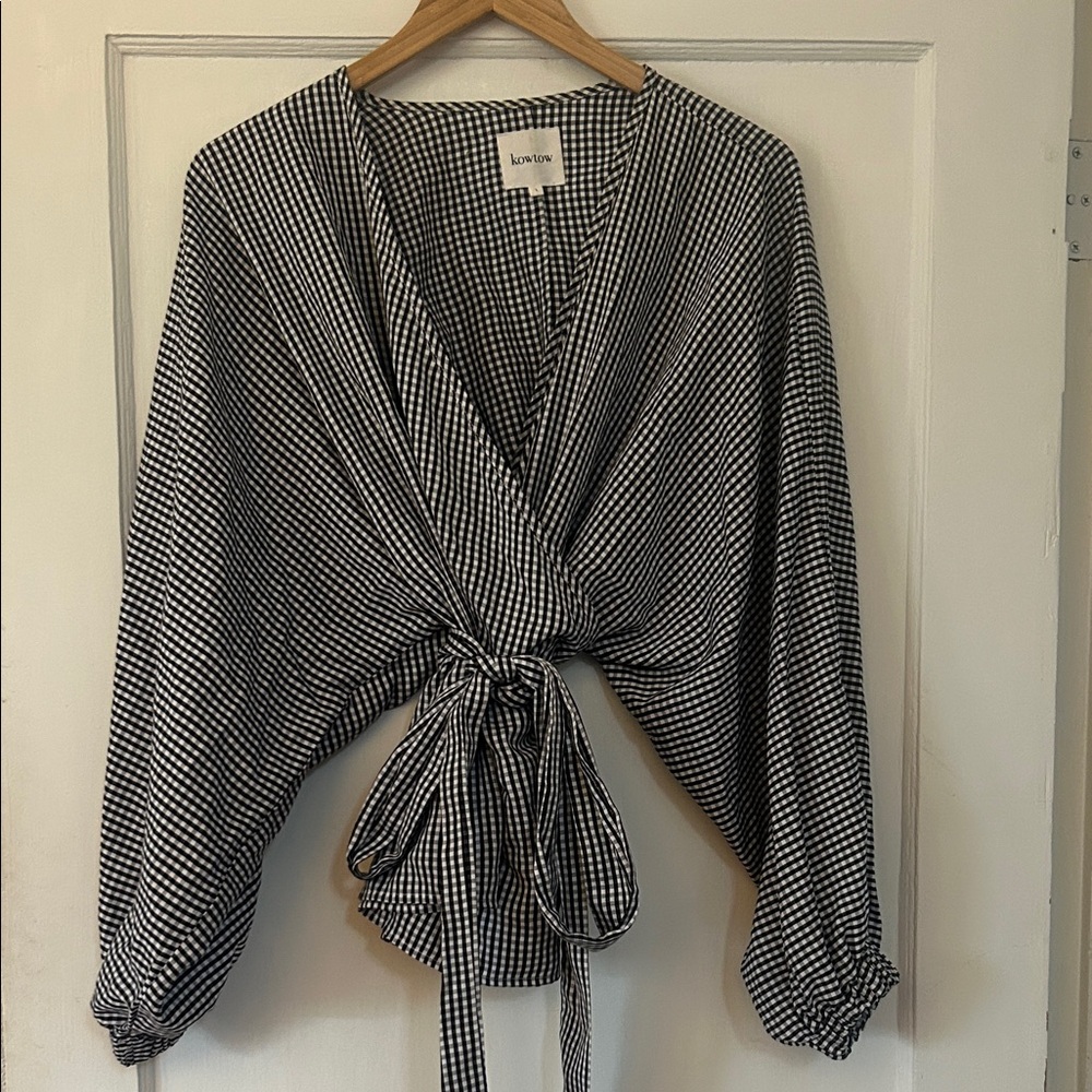 Kowtow Black and White Gingham Wrap Blouse large like new